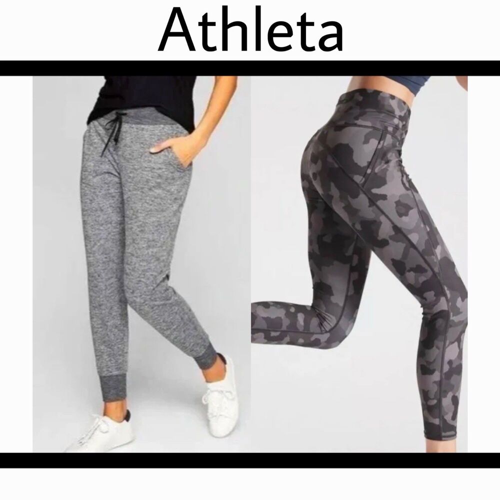 Athleta 2 Pc Bottoms Lot Women’s Large Flux Gray Jogger / Lightning Camo Legging